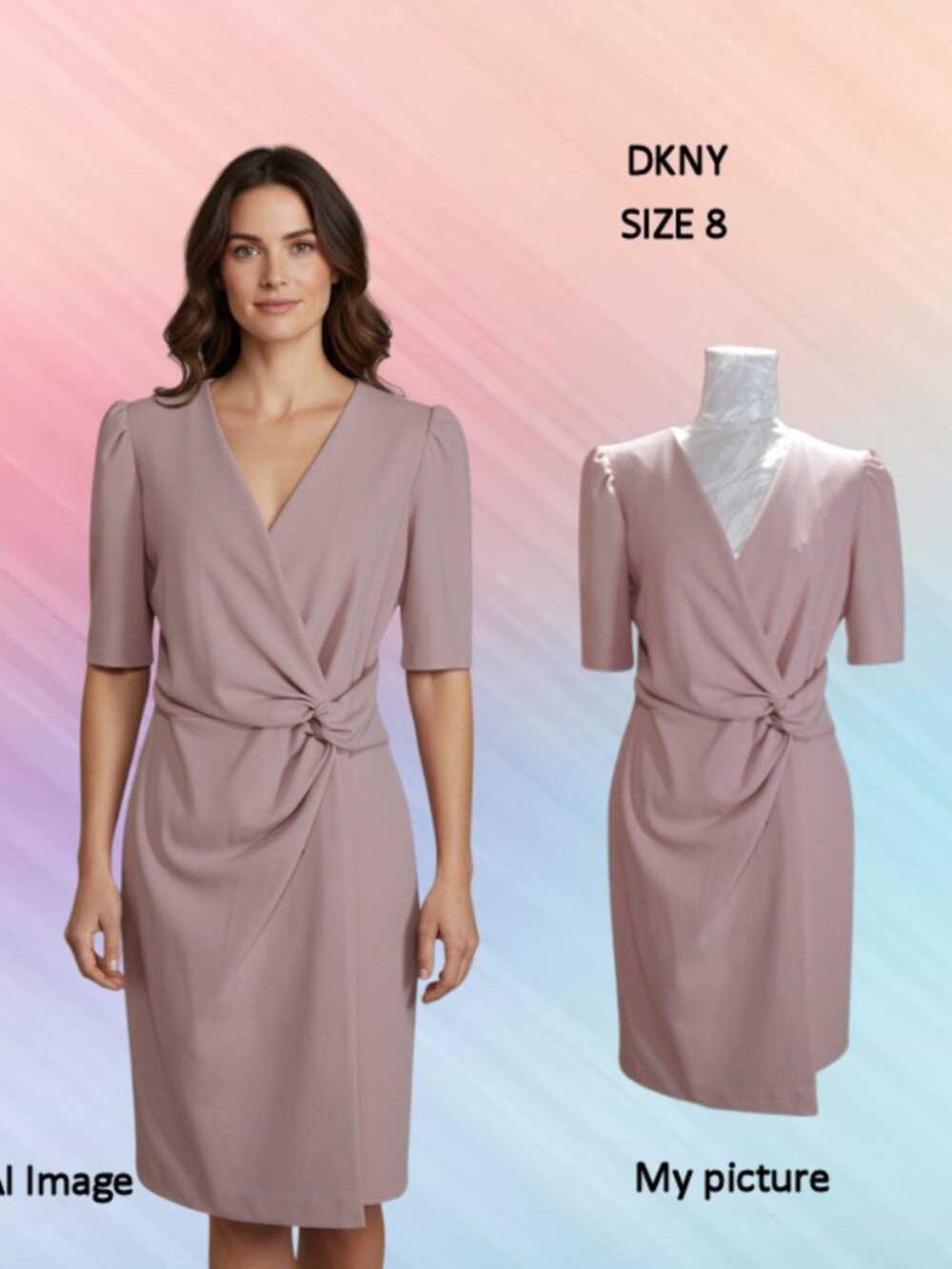 DKNY women dress size 8 wrap style short sleeves color blush pink